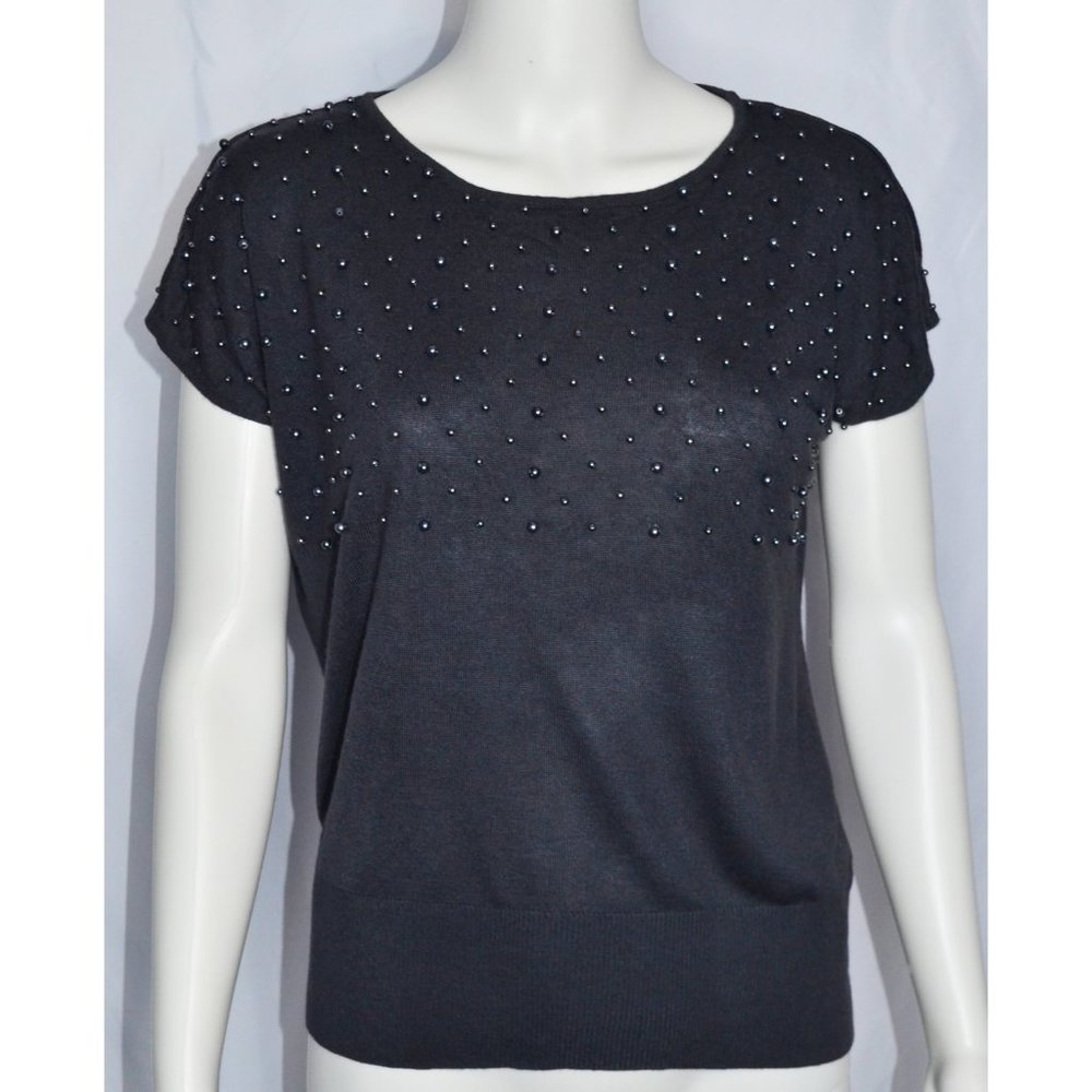 H&M Y2k Embellished Pearls Silk Blend Short Sleeve Sweater Gray Size S